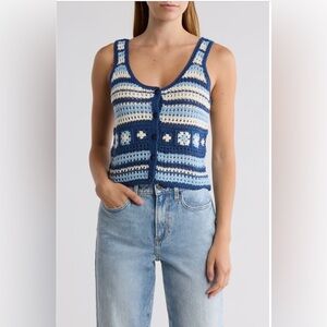 Cotton Emporium Crocheted Square Buttoned Blue and White Tank Top XL Never worn